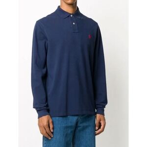Polo Ralph Lauren Mens Long Sleeve Polo Shirt Navy Blue Cotton Mesh Size M